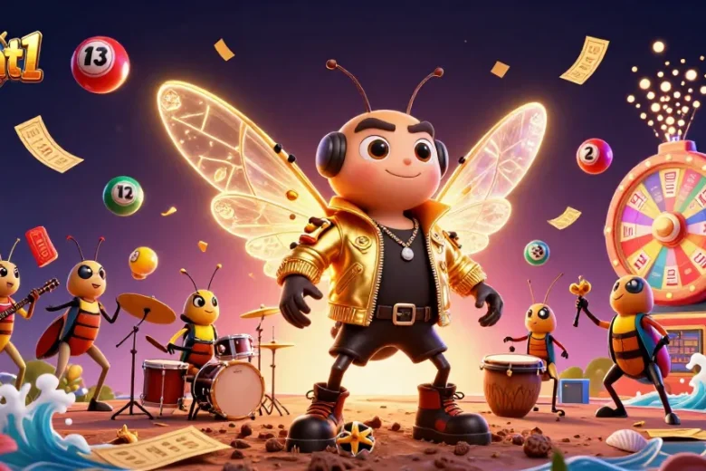 Experience the vibrant action at llwint1, where colorful lottery elements and a rock star cicada unite!