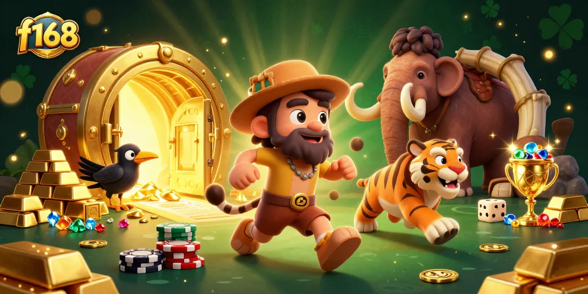 Experience the thrilling f168 casino with animated cavemen and tiger winning with excitement in a vibrant, detailed scene.
