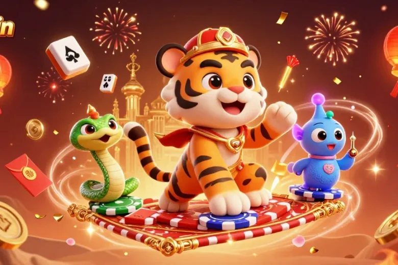 Experience the magic of 98win in a vibrant 3D casino scene with a tiger sultan, floating game elements, and festive fireworks.