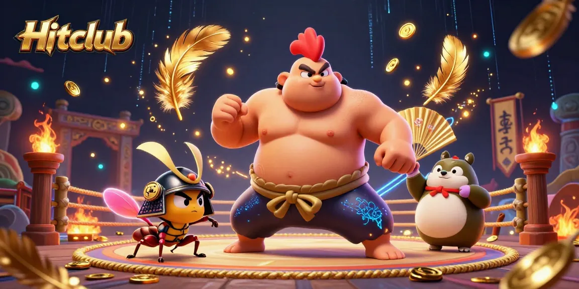 Hitclub showcases vibrant casino action with a powerful sumo rooster, fighting cricket, and announcer in a dynamic arena.