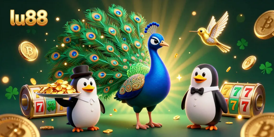 Experience thrilling gameplay at lu88 with a dazzling peacock, butler penguin, and golden hummingbird in a vibrant casino scene.