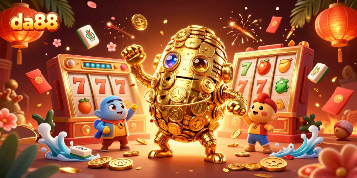 Spin the reels at da88 with a golden golem surrounded by slot elements and festive decorations.