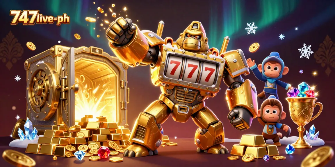 Win big with thrilling action at 747live-ph featuring a golden gorilla mech and treasure.