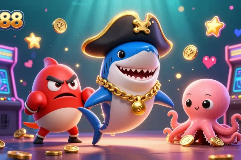 Engage with VK88 as a cartoon pirate shark explores a vibrant casino world of fun.