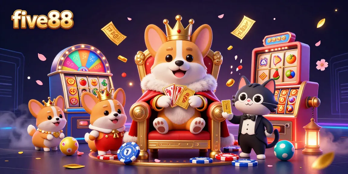 Experience thrilling play at five88 with a royal corgi in a vibrant casino scene full of slots, jackpots, and more!