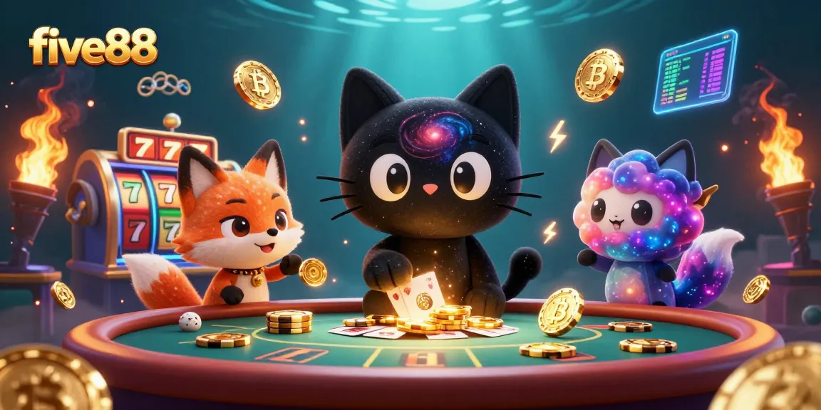 Engage in thrilling gaming at five88 with golden chips swirling around a cosmic casino atmosphere.
