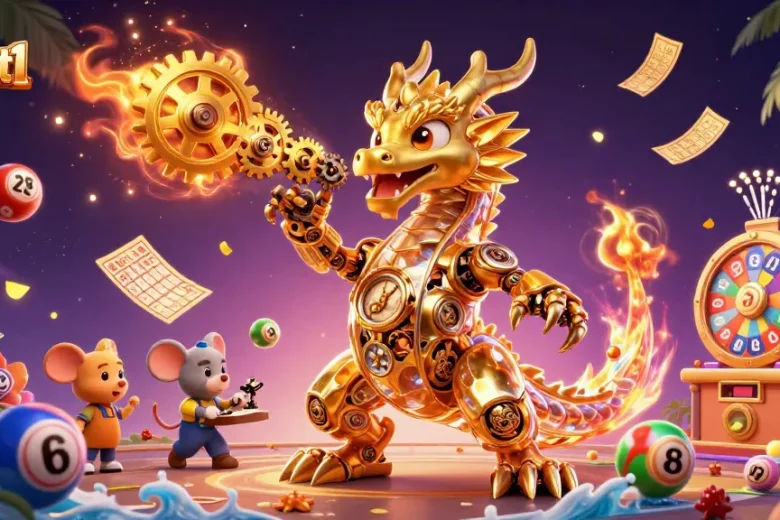 Experience the thrilling world of 789kt1 with colorful lottery elements and a golden dragon, capturing dynamic casino excitement.
