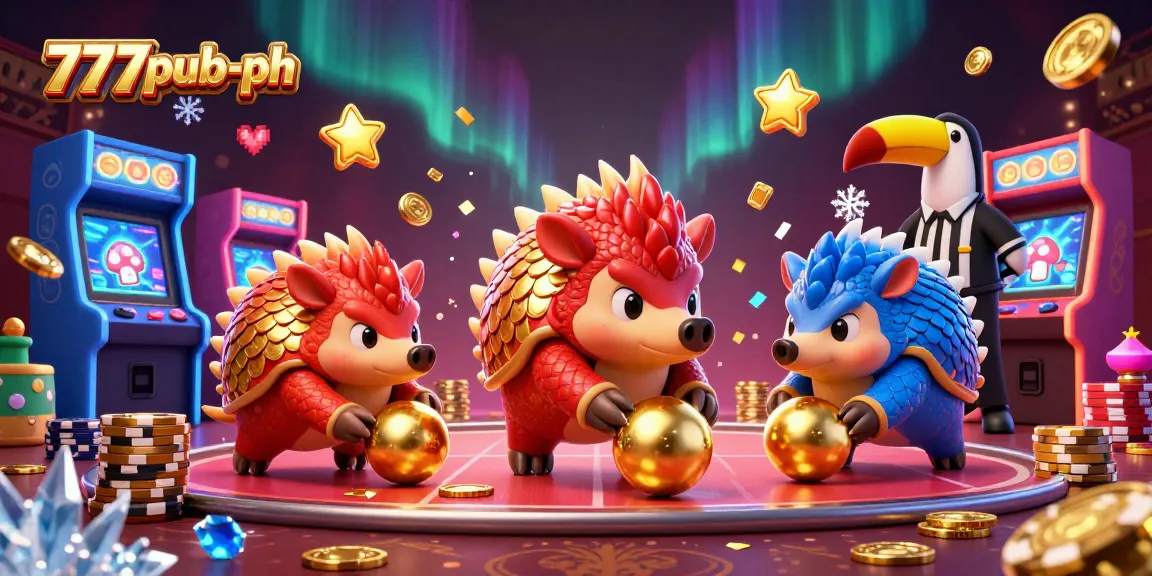 Engage with the thrilling world of 777pub-ph featuring animated pangolins enjoying a vibrant gaming experience.