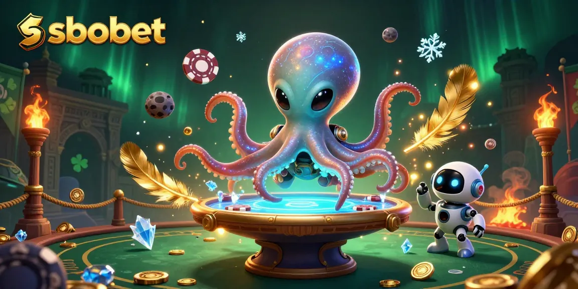 Engage in sbobet betting action with a vibrant scene featuring an alien octopus and robot at a holographic poker table.