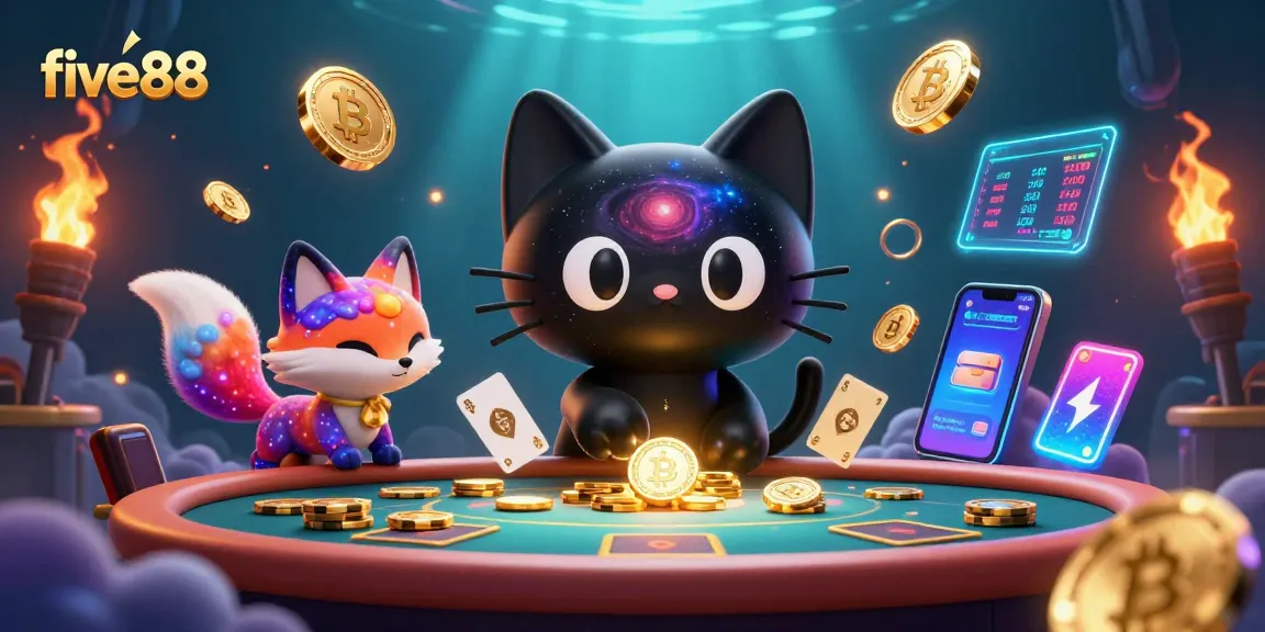 Experience the excitement of five88's cosmic casino with vibrant characters and crypto elements!
