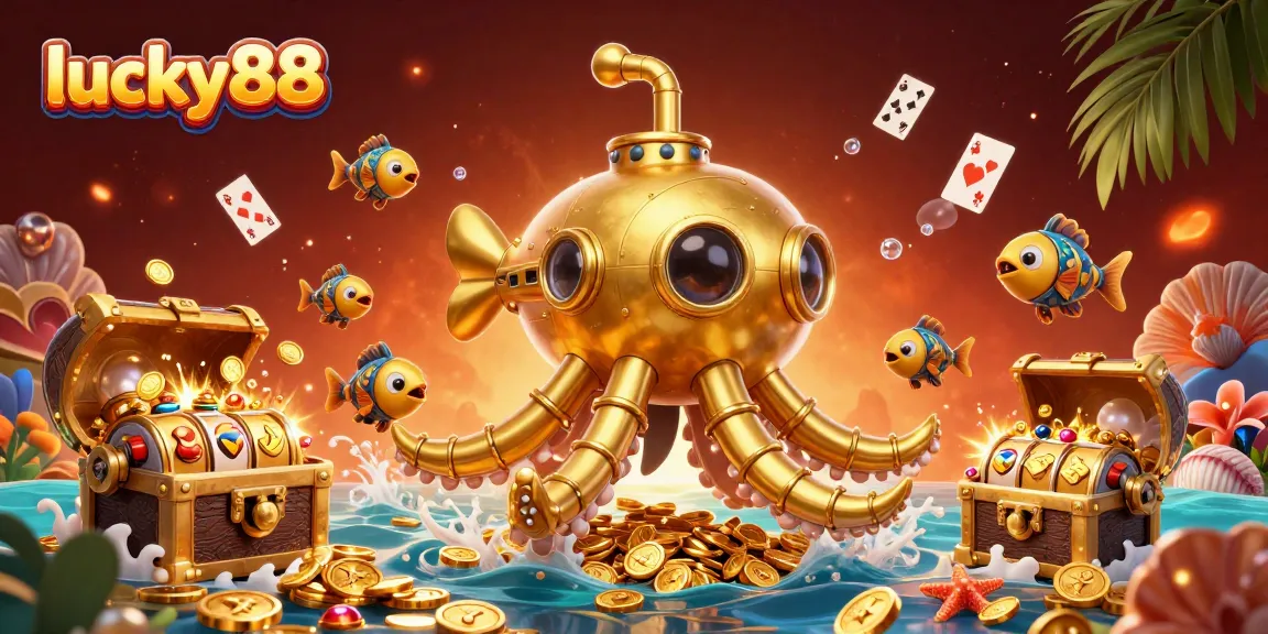 Experience lucky88's thrilling slot adventure in this rich, vibrant underwater casino illustration.