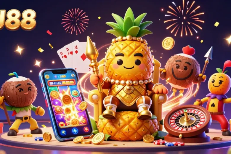 Enjoy exciting gaming sessions at UU88 with a golden pineapple king, coconut bodyguards, and vibrant game elements.