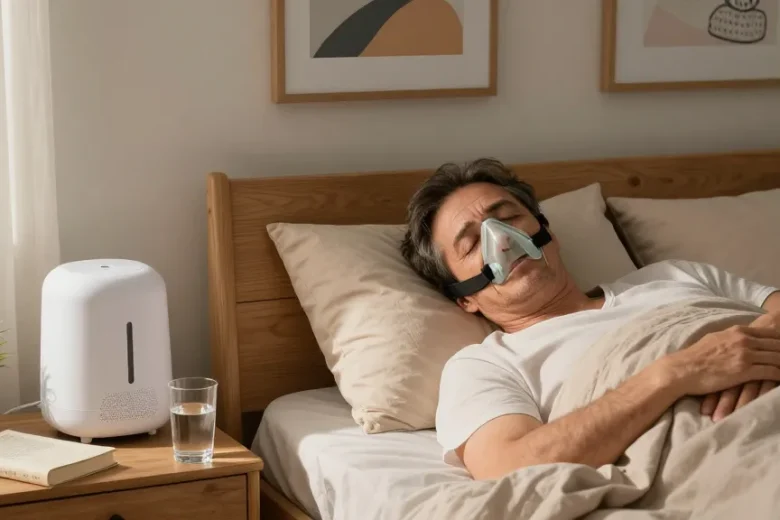 Person peacefully sleeping in a cozy bedroom with CPAP mask, highlighting cpap dealers near me